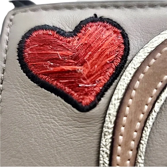 Tory Burch Mini Wallet Peace Sign Heart Embroid Brown Gray Leather 6 Card Slots